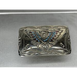 Thunderbird Navajo Turquoise Coral Inlay Belt Buckle WCB Signed Vintage